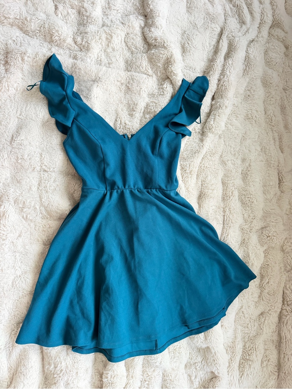 Romantic Deep Teal V-Neck Cutout Back Fit & Flare A line Mini Dress Medium